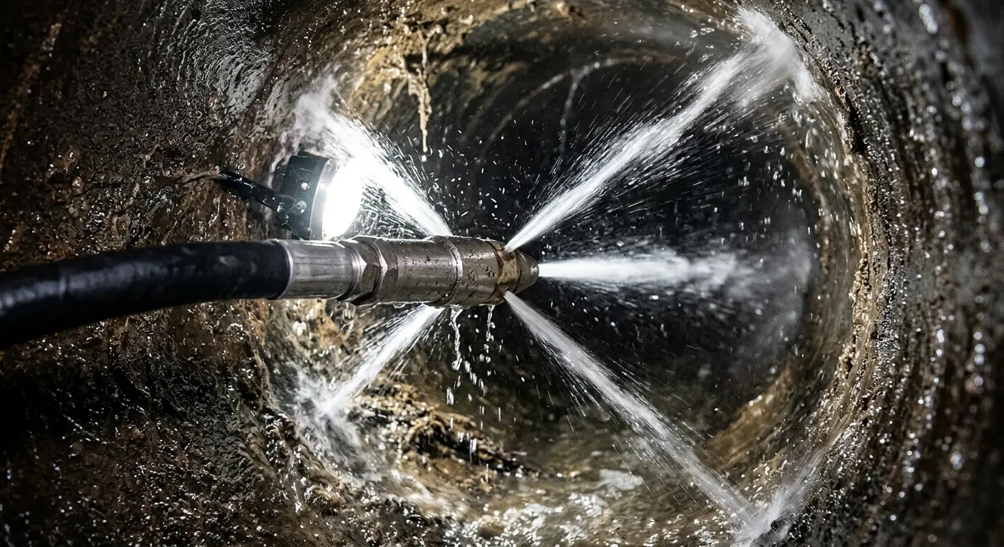 High-pressure hydro jetting nozzle cleaning sewer pipe for Trenchless Sewer Repair in Tewksbury