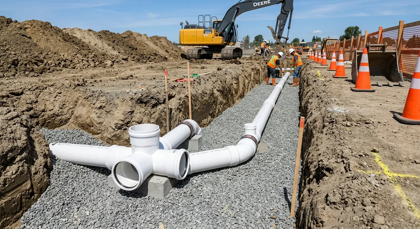 New PVC sewer pipe installation in open trench for Commercial Drain Cleaning in Tewksbury