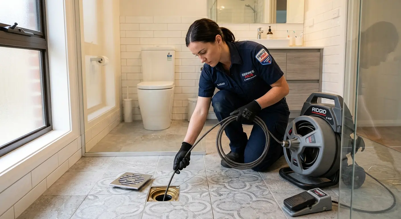 Technician clearing a bathroom floor drain for Drain Cleaning in Tewksbury